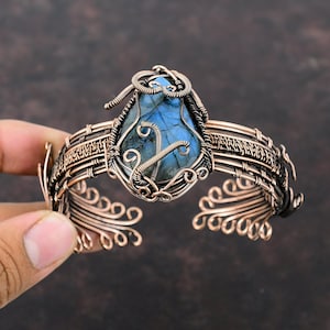 Labradorite Copper Cuff Bracelet Wire Wrapped Bangle Adjustable Bracelet Gemstone Cuff Bracelet Handmade Copper Bangle Labradorite Jewelry