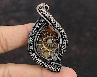 May include: A copper wire wrapped pendant featuring a fossilized ammonite. The pendant is a teardrop shape with a detailed wire design.