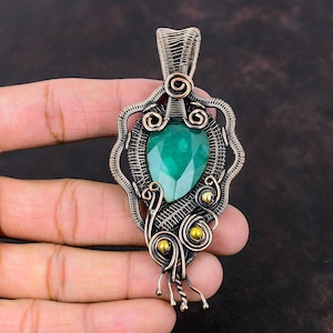 Faceted Zambian Emerald Pendant Copper Wire Wrapped Pendant Handmade Gemstone Pendant Unique Copper Jewelry Gift For Women Wire Wrap Jewelry