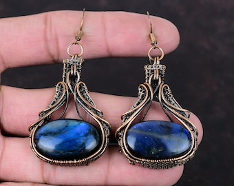 Labradorite Earring Copper Wire Wrapped Earring Natural Gemstone Earrings Copper Jewelry Ethnic Style Earring Handmade Jewelry Wedding Gift