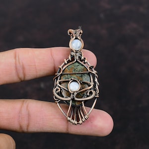 Evil Eye Spessartine Garnet in Limestone Pendant Copper Wire Wrapped Pendant Moonstone Gemstone Pendant Handmade Copper Jewelry Gift For Him