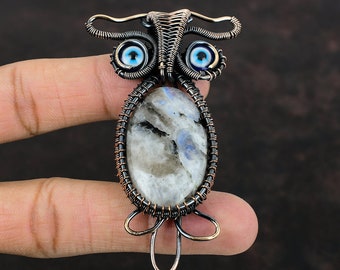 Rainbow Moonstone Pendant Copper Wire Wrapped Gemstone Jewelry Handmade Pendant Blue Color Evil Eye Pendant Owl Copper Pendant Gift For Her