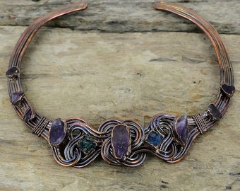 African Amethyst Rough Necklace Blue Druzy Gemstone Necklace Electroformed Copper Necklace Adjustable Necklace Handmade Jewelry Gift For Her