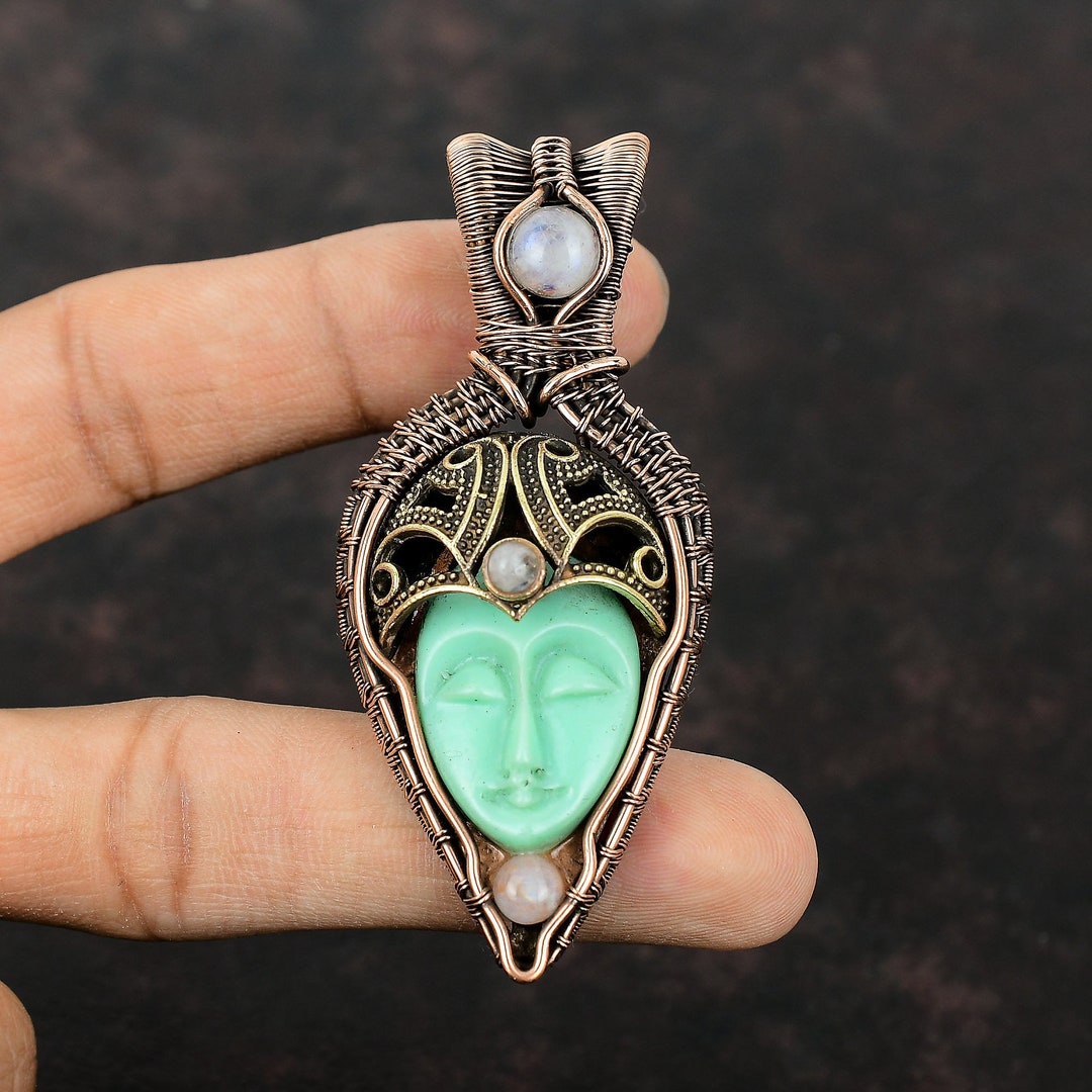 Green Carved Bone Face Pendant Copper Wire Wrapped Pendant Etsy