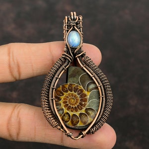 Ammonite Fossil Pendant Copper Wire Wrapped Pendant Rainbow Moonstone Pendant Handmade Copper Jewelry Original Gemstone Pendant Gift For Her