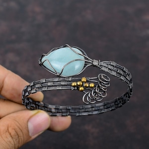 Aquamarine Cuff Bracelet Copper Wire Wrapped Bangle Gemstone Adjustable Cuff Bracelet Handmade Bangle Copper Wire Jewelry Anniversary Gifts