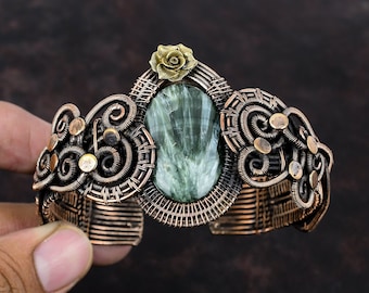 Seraphinite Cuff Bracelet Copper Wire Wrapped Bangle Natural Gemstone Jewelry Handmade Cuff Bracelet Wedding Gift Flower Adjustable Bangles