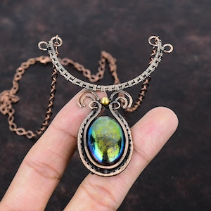 Mystic Fire Labradorite Necklace Copper Wire Wrapped Gemstone Necklace Adjustable Necklace Handmade Copper Jewelry Unique Necklace For Gift