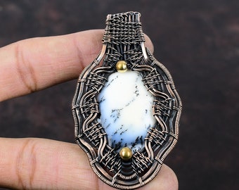 Colgante de ópalo dendrita envuelto en alambre de cobre, joyería de piedras preciosas genuinas, colgante hecho a mano, increíble colgante, joyería de alambre de cobre, regalo para ella