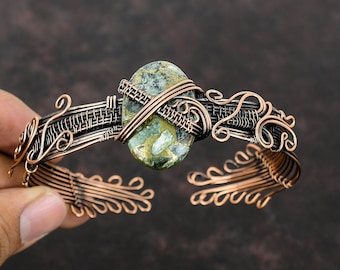 Copper Seraphinite Cuff Bracelet Copper Wire Wrapped Adjustable Bangle Gemstone Copper Jewelry Handmade Cuff Wire Wrap Jewelry Gift For Him