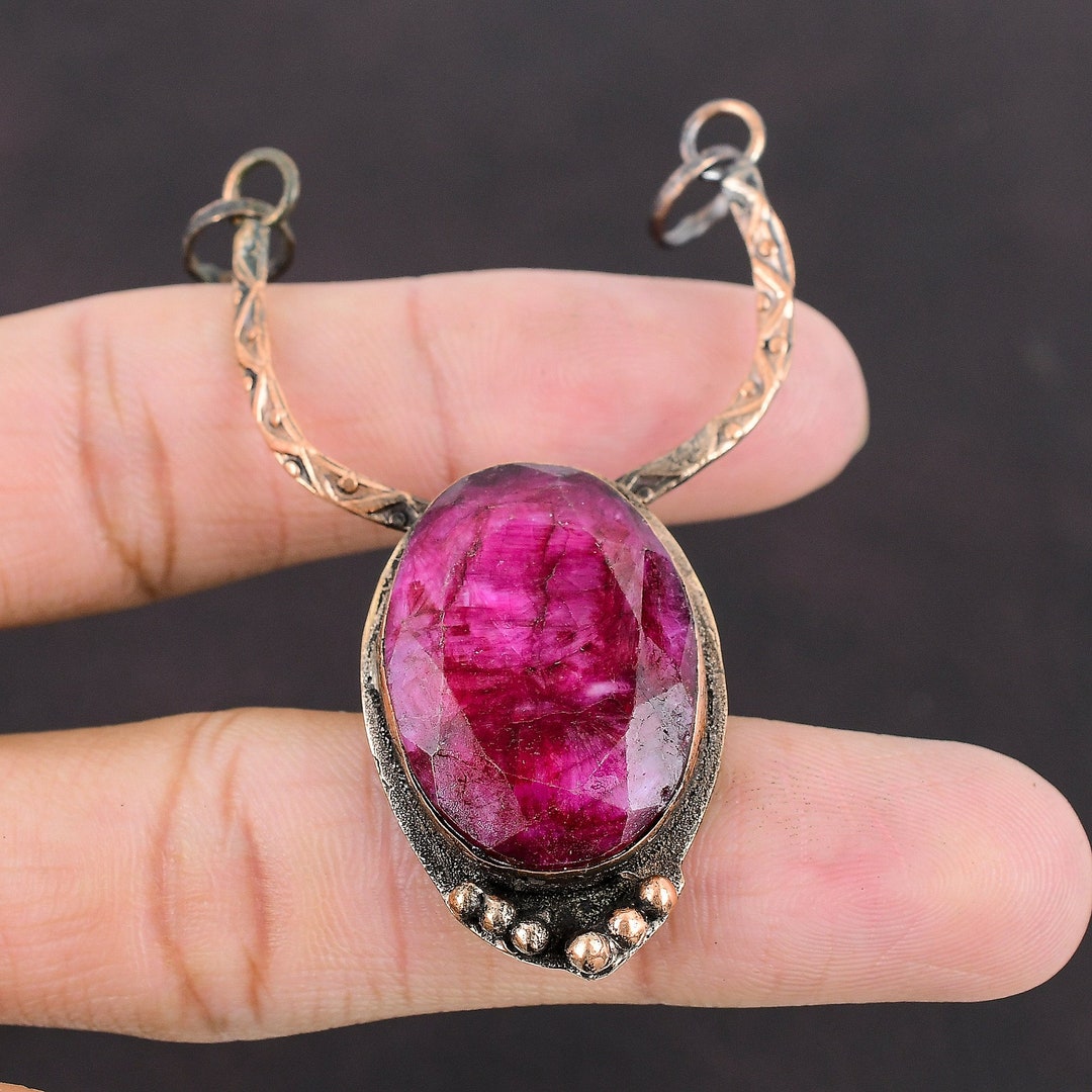 Faceted Kashmir Ruby Gemstone Pendant Copper Pendant Handmade Oxidized