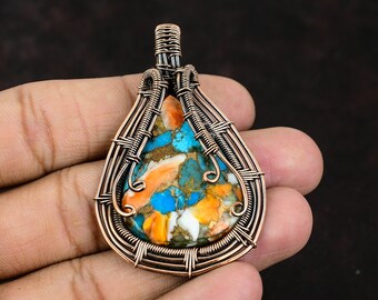 Handmade Copper Wire Wrapped Spiny Oyster Turquoise Pendant