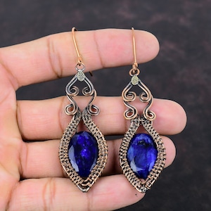 Faceted Blue Sapphire Earrings Copper Wire Wrapped Earring Handmade Real Gemstone Jewelry Designer Earring Copper Wire Jewelry Gift For Her