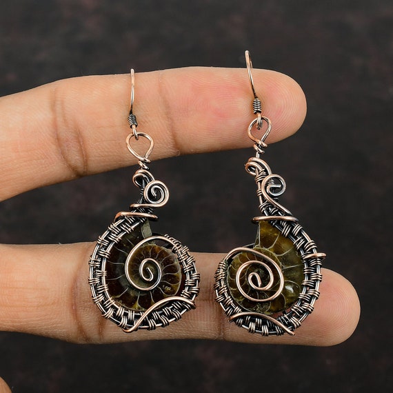 Ammonite Fossil Earrings Copper Wire Wrapped Earrings Gemstone Copper Jewelry Handmade Earring Wire Wrap Jewelry Designer Earrings For Women