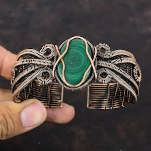 Malachite Cuff Bracelet Copper Wire Wrapped Bangle Handmade Jewelry Adjustable Bangle Gemstone Cuff Bracelet Antique Copper Jewelry For Gift