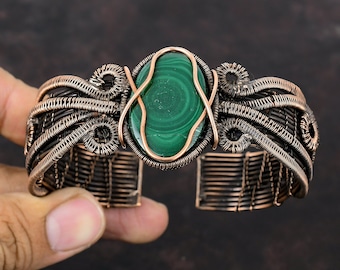 Malachite Cuff Bracelet Copper Wire Wrapped Bangle Handmade Jewelry Adjustable Bangle Gemstone Cuff Bracelet Antique Copper Jewelry For Gift