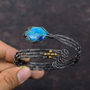 Brazalete de crisocola con alambre de cobre, ajustable, hecho a mano, étnico, con piedras preciosas, alambre de cobre, joyería para regalo.