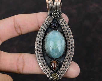 Colgante de aguamarina, colgante envuelto en alambre de cobre, colgante de obsidiana caoba y piedra solar azul, joyería de piedras preciosas, colgante hecho a mano, joyería de cobre