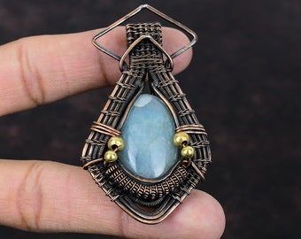 Aquamarine Pendant Copper Wire Wrapped Pendant Handmade Pendant