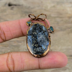 Larvikite Pendant Electroformed Copper Pendant Handmade Aquamarine Rough Pendant Electroformed Jewelry Gift For Mother Real Gemstone Pendant