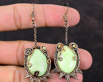 Lemon Chrysoprase Earring Copper Wire Wrapped Earring Original Gemstone Jewelry Handmade Earrings Beautiful Copper Jewelry Earring For Gift