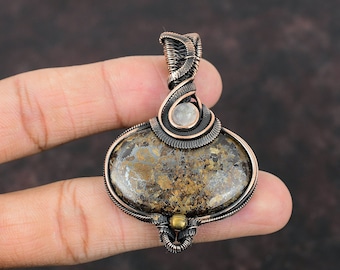 Handmade Copper Wire Wrapped Bronzite Pendant with Rainbow Moonstone