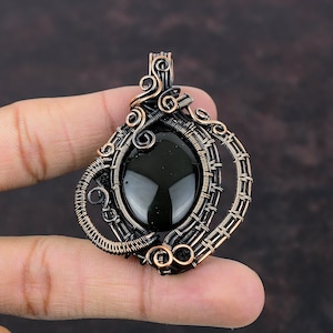 Black Obsidian Pendant, Handmade Copper Wire Wrapped Gemstone Jewelry