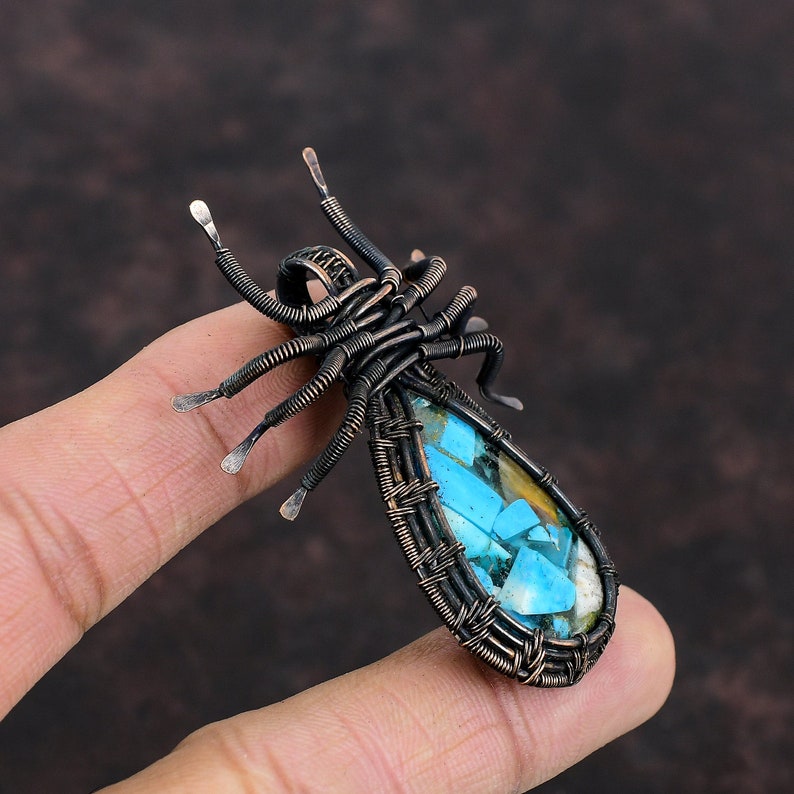 Copper Blue Turquoise Pendant Copper Wire Wrapped Spider Pendant Handmade Pendant Designer Copper Jewelry Anniversary Gift Gemstone Pendants image 8