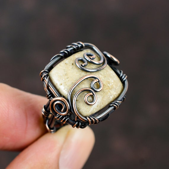 Copper Wire Wrapped Fossil Coral Ring, Handmade Size 7