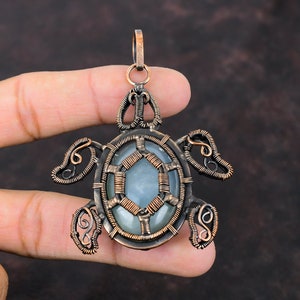 Aquamarine Pendant Copper Wire Wrapped Pendant Gemstone Pendant Tortoise Copper Jewelry Handmade Pendant Wire Wrap Jewelry Gift For Friend