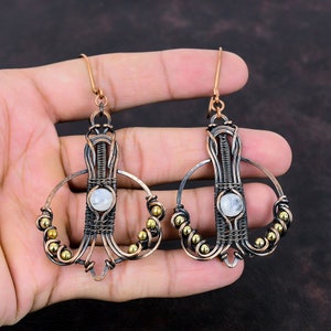 Rainbow Moonstone Earring Copper Wire Wrapped Earrings Antique Copper Jewelry Handmade Gemstone Earrings Wire Wrapped Jewelry Gift For Women