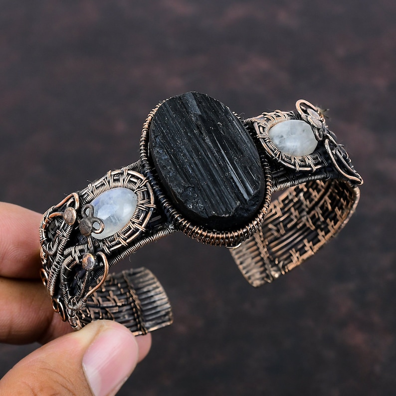 Black Tourmaline Rough Cuff Bracelet Copper Wire Wrapped Gemstone Bangle Moonstone Bracelet Handmade Adjustable Bangle Unique Copper Jewelry image 2