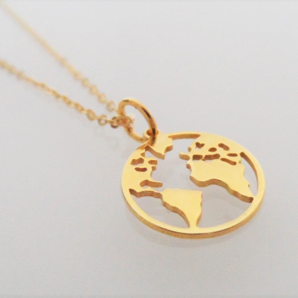 Carte du monde collier argent 925/000 carte du monde de chaîne d’or, collier avec carte du monde, cadeau pour les femmes, bijoux pour les femmes