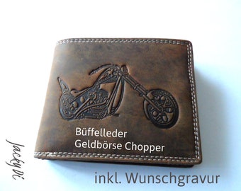 Hochwertige Wasserbüffel-Geldbörse mit Chopper-Prägung - Rustikaler Stil und individuelle Gravur, Braun/Schwarz