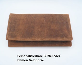 Personalisierbare Büffelleder Damen Geldbörse mit RFID Schutz, Fotogravur, Lederbörse viele Kartenfächern, persönliches Geschenk für Frau