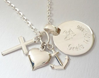 925er Silber Namenskette, Taufe Gravur, Glaube Liebe Hoffnung Anhänger, Silberkette personalisiert, Geschenk für Frau