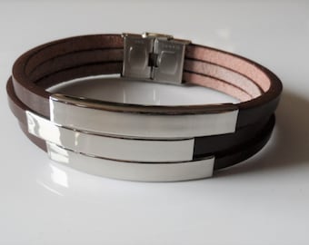 Personalized 3 row leather bracelet, stainless steel bracelet, engraved bracelet for men and women, engraved bracelet