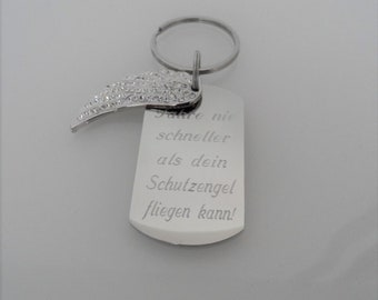 Gravur Schlüsselanhänger Schutzengel, Flügel silber, Autoschlüsselanhänger, Schlüsselanhänger mit Namen, Schlüsselanhänger mit Gravur