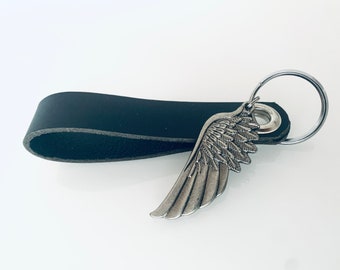 Personalizable leather keychain angel wings, guardian angel, talisman, birthday gift with name, lucky charm