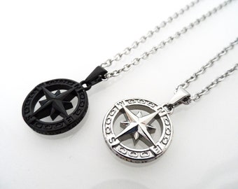 Stainless steel necklace with silver or black compass pendant, compass chain