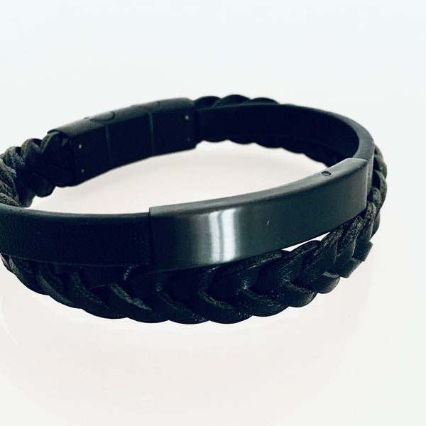 Personalisierbares Lederarmband in Schwarz, Armband für Mann und Frau, Lederarmband, Edelstahl mit Gravur, Wickelarmband