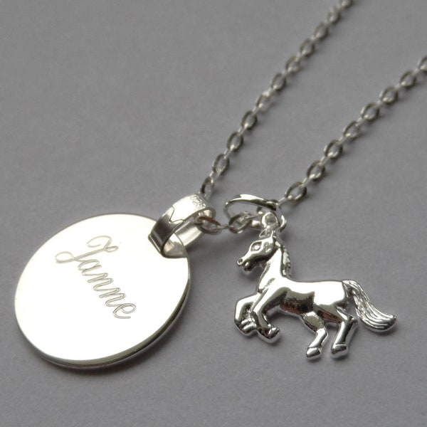 Gravur 925er Silberkette mit Pferdeanhänger, Namenskette Pferd Reitergeschenk, Geschenk für Reiterin, personalisierbare Halskette