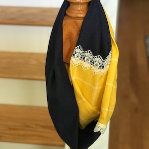 Navy blue herringbone flannel paired with yellow windowpane cotton viscose infinity scarf with lace, fall, football