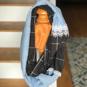 Light blue herringbone flannel with black windowpane flannel infinity scarf, lace, football, fall