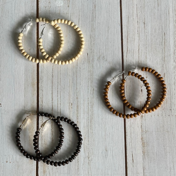 Wooden bead hoop earrings, boho hoop earrings, seed bead hoop earrings