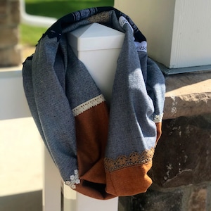 Blue herringbone flannel, orange herringbone flannel, and blue and white plaid flannel infinity scarf, lace