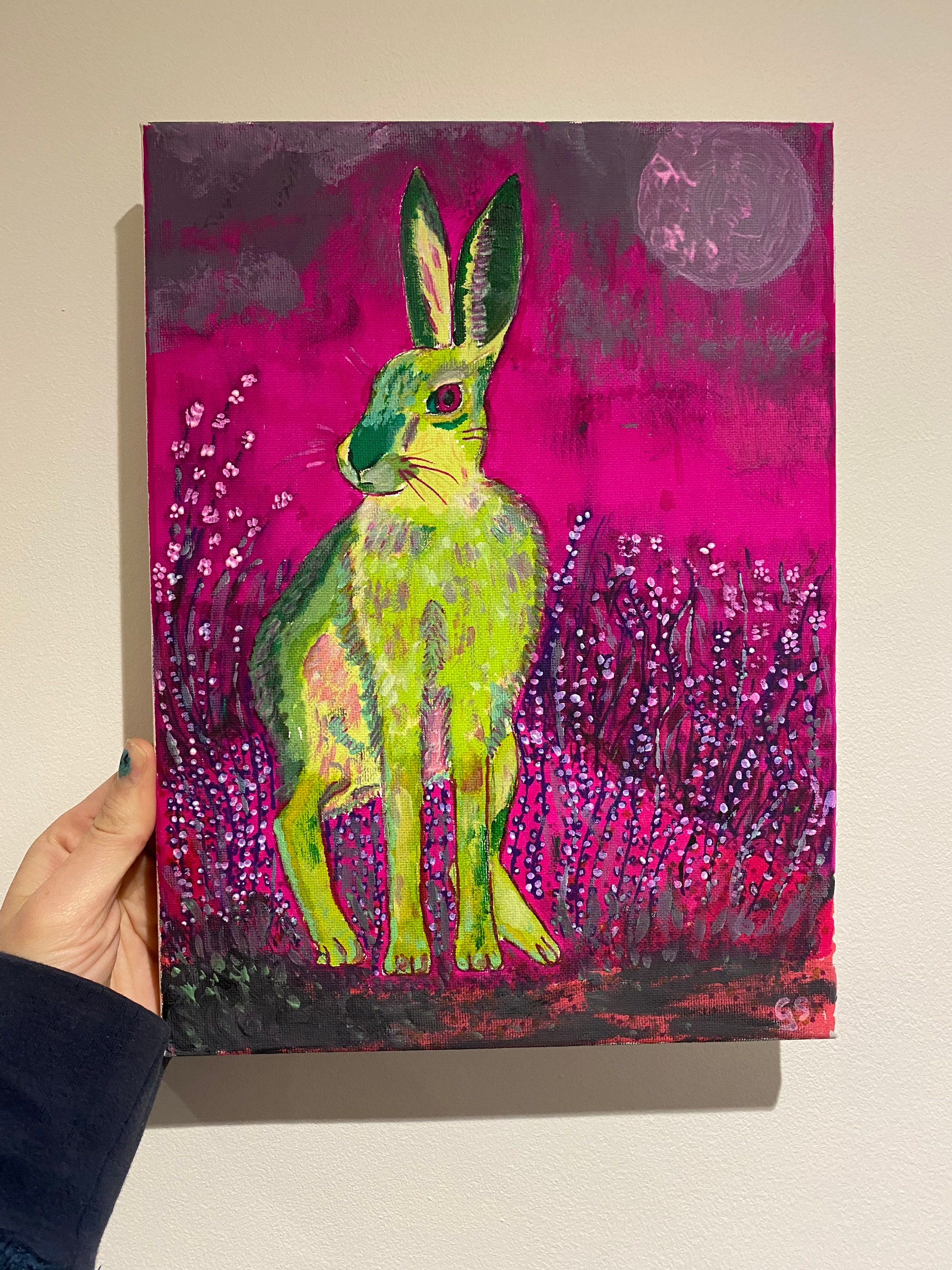 Striking pink and green colourful hare painting on canvas