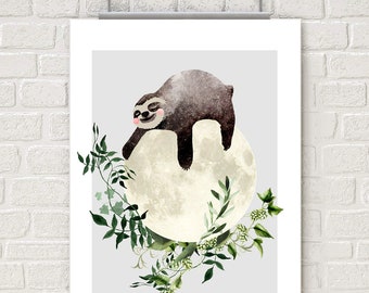 Cute art print, wall art, poster, sloth print, nursery decor, baby room, home wall decor, animal print, whimsical art, quirky prints