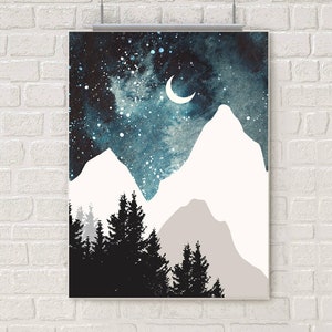 Mountain wall art, art prints, watercolor, posters, blue art, nature prints, modern print, home wall decor, apartment wall art, forest art image 2