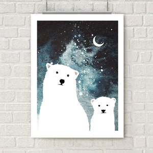 Cute art print, wall art, poster, polar bear print, watercolor prints, wall decor, apartment decor, quirky print, baby room, blue, nursery image 2